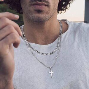 NEW! Layered Cross Necklace for Men Rope Chain Necklace Jewelry 18inch/20inch